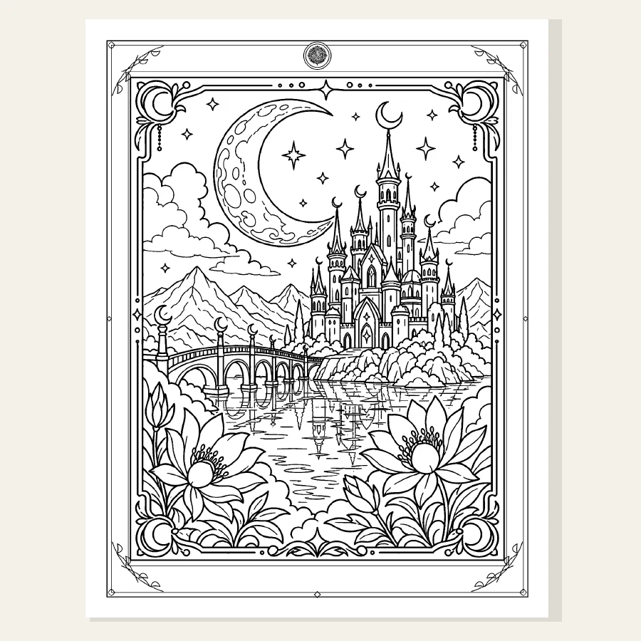 Black-and-white coloring page: a kingdom beneath the moon