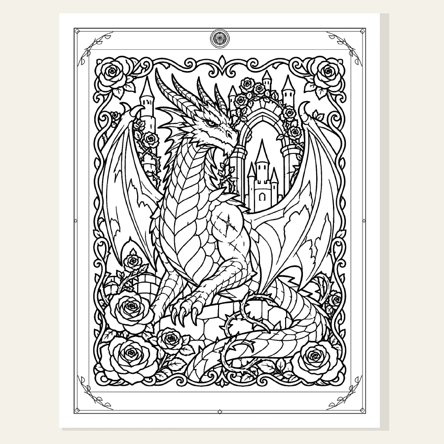Black-and-white coloring page: a dragon among roses