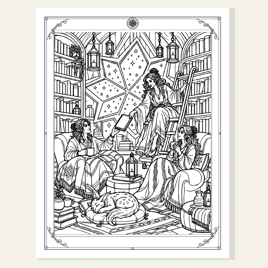 Black-and-white coloring page: a gathering in the starlit library